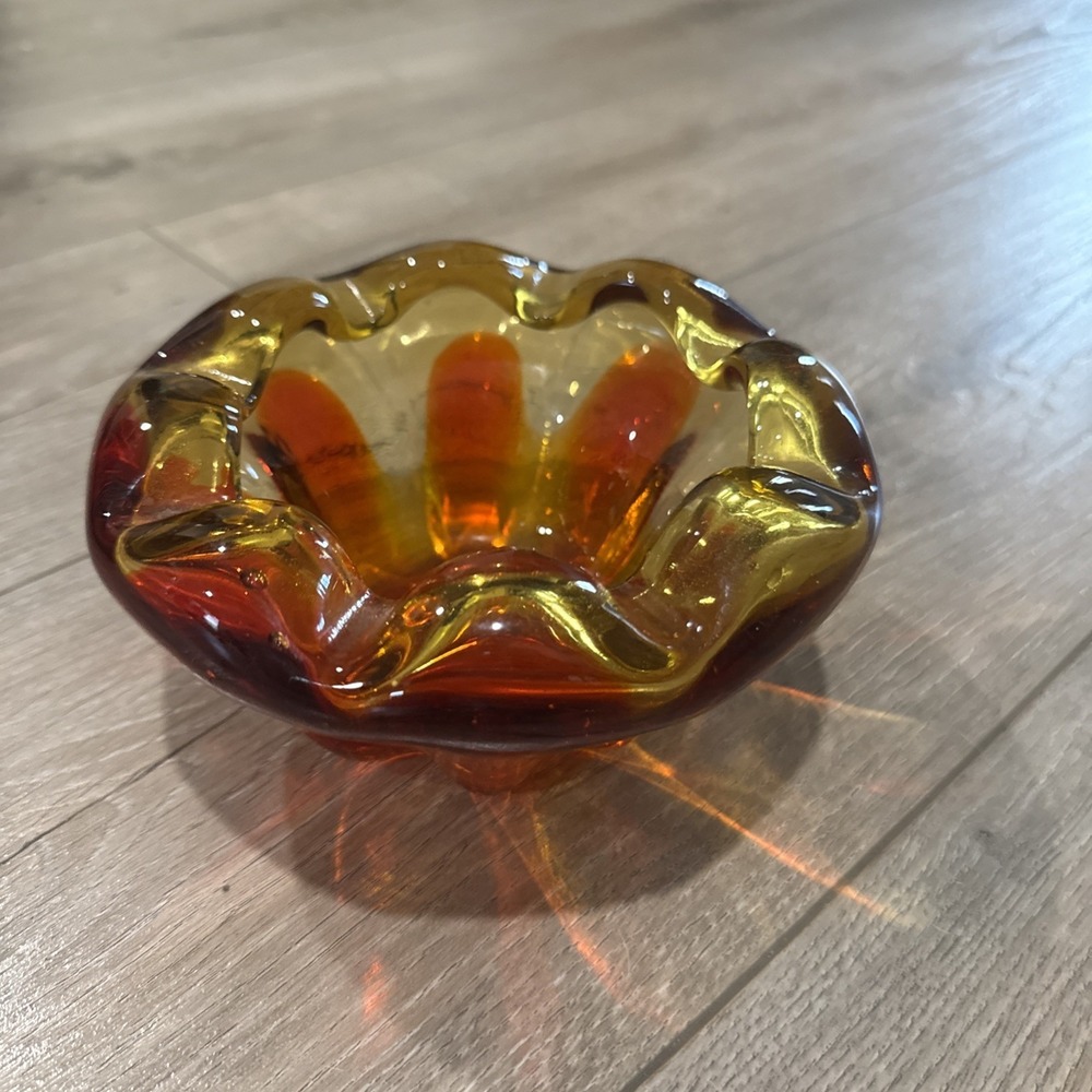 Vintage Murano Style Art Glass Ashtray Heavy Honey Amber Glass